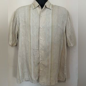 Men's Beige with subtle Green and Brown lines Tommy Bahama Shirt.